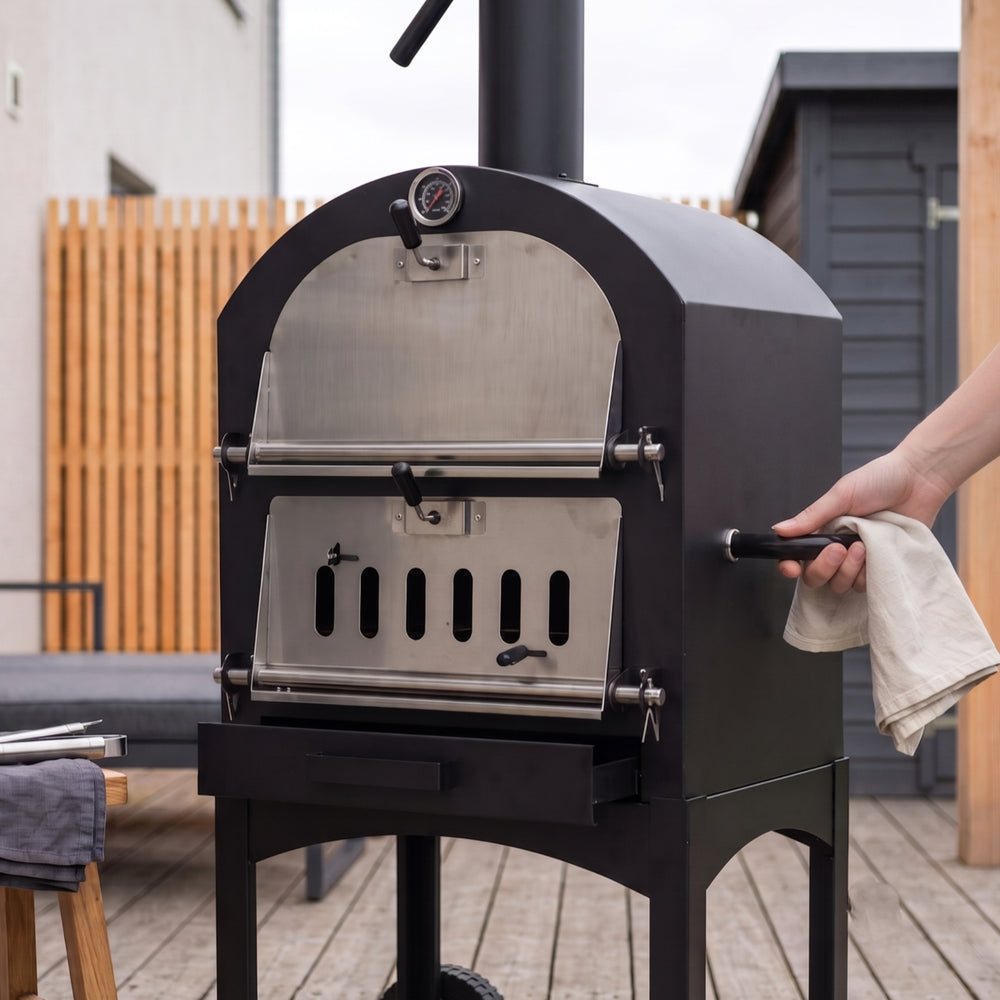 Cookinglife Holzkohle BBQ Pizzaofen Fire & Flavour - 156 cm Hoch - Inklusive Pizzastein & Grillroste - Schwarz