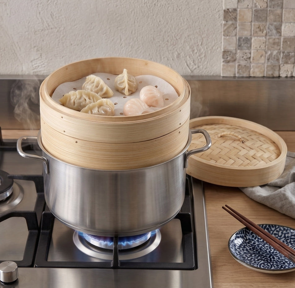 Cookinglife Dampfgarer / Dim Sum Dampfkorb - Bambus - 3-teilig - ø 20 cm