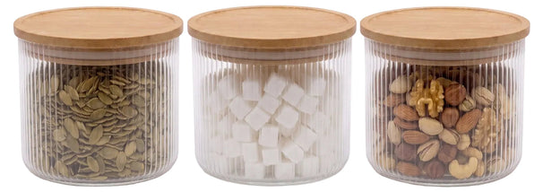Cookinglife Vorratsbehälter Set Boro Lines - Glas Bambusdeckel - ø 11 cm - 600 ml - 3 Stück