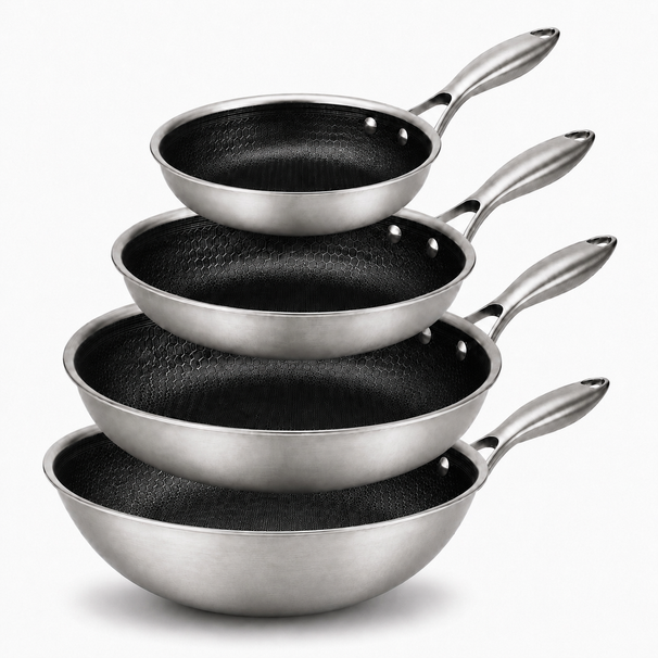 Cookinglife Pfannenset HexaCook Hybride Pfanne 4-teilig - Wok ø 28 cm + Bratpfanne ø 20, 24 & 28 cm - NON STICK - geeignet für alle Wärmequellen - keramische Antihaftbeschichtung