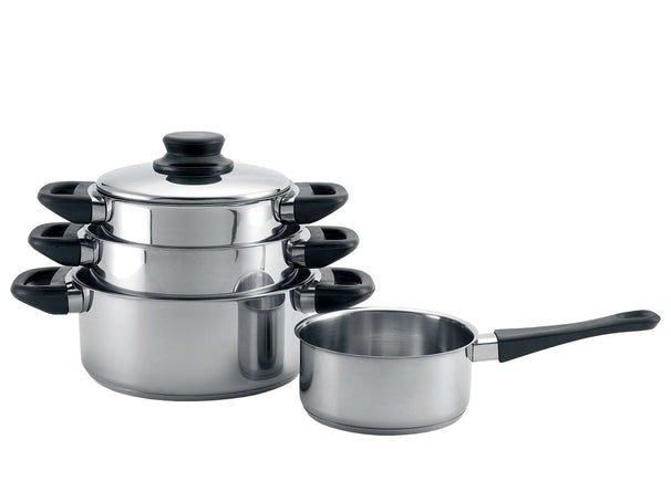Cookinglife Topfset Edelstahl / Schwarz 4-teilig - Kochtopf Ø 16, 18, 20 cm & Stieltopf Ø 16 cm - Für alle Herdarten geeignet