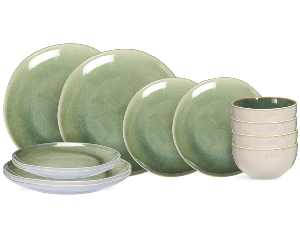 Cookinglife Serene Green 12-teiliges Geschirrset / 4 Personen - 4 Speiseteller, 4 Frühstücksteller und 4 Schüsseln