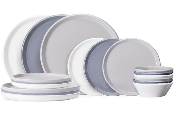 Cookinglife Geschirrset Siaki - Weiß / Blau / Grau - Porzellan 18-teilig / 6 Personen - 6 Speiseteller, 6 Frühstücksteller und 6 Schalen