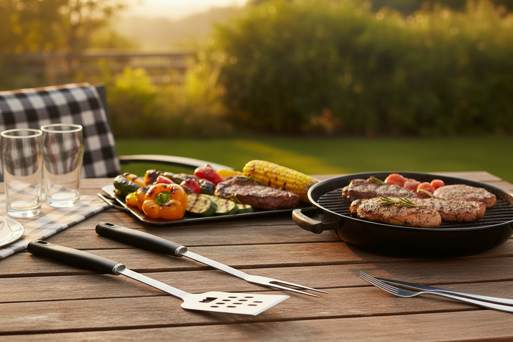 Cookinglife Grillbesteck 3-teilig Edelstahl - Schwarz - Spatel Zange Gabel