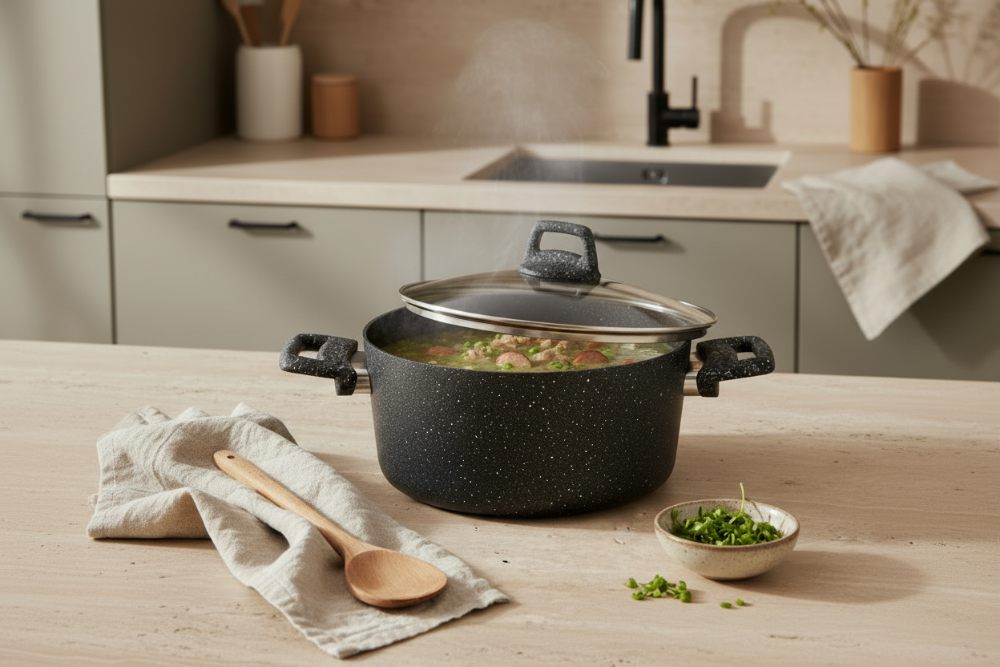 Cookinglife Topfset Black Speckle 4-teilig - Aluminium - Kochtopf ø 20, 22, 24 cm & Stielkasserolle ø 18 cm - Geeignet für alle Wärmequellen - Standard-Antihaftbeschichtung