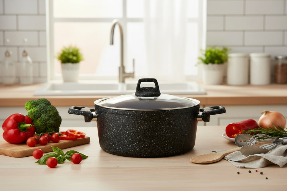 Cookinglife Topfset Black Speckle 4-teilig - Aluminium - Kochtopf ø 20, 22, 24 cm & Stielkasserolle ø 18 cm - Geeignet für alle Wärmequellen - Standard-Antihaftbeschichtung