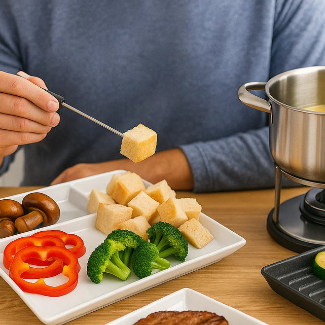 Wo kommen das rohe Fleisch, das Öl und die Soßen auf den Tisch?