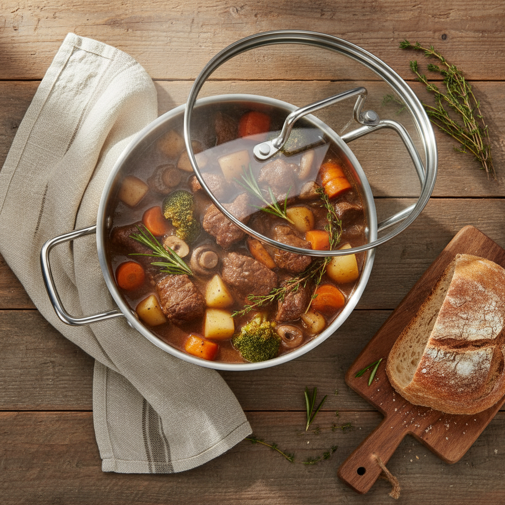 Cookinglife Topfset Essential Steel 6-Teilig - Edelstahl - Kochtopf ø 16, 18, 20 cm & Stielkasserolle ø 16 cm + Bratpfanne Superior ø 24 & 28 cm - geeignet für alle Wärmequellen