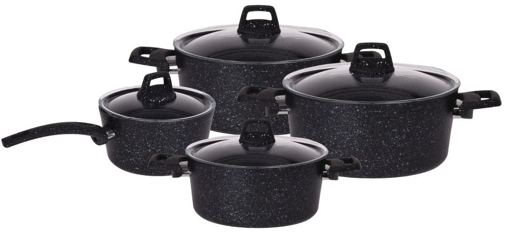 Cookinglife Topfset Black Speckle 4-teilig - Aluminium - Kochtopf ø 20, 22, 24 cm & Stielkasserolle ø 18 cm - Geeignet für alle Wärmequellen - Standard-Antihaftbeschichtung
