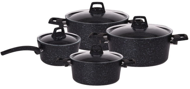 Cookinglife Topfset Black Speckle 4-teilig - Aluminium - Kochtopf ø 20, 22, 24 cm & Stielkasserolle ø 18 cm - Geeignet für alle Wärmequellen - Standard-Antihaftbeschichtung