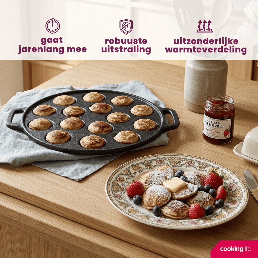 Cookinglife Poffertjespfanne Gusseisen Ø 24 cm – 15 Poffertjes – ohne Antihaftbeschichtung – geeignet für alle Wärmequellen