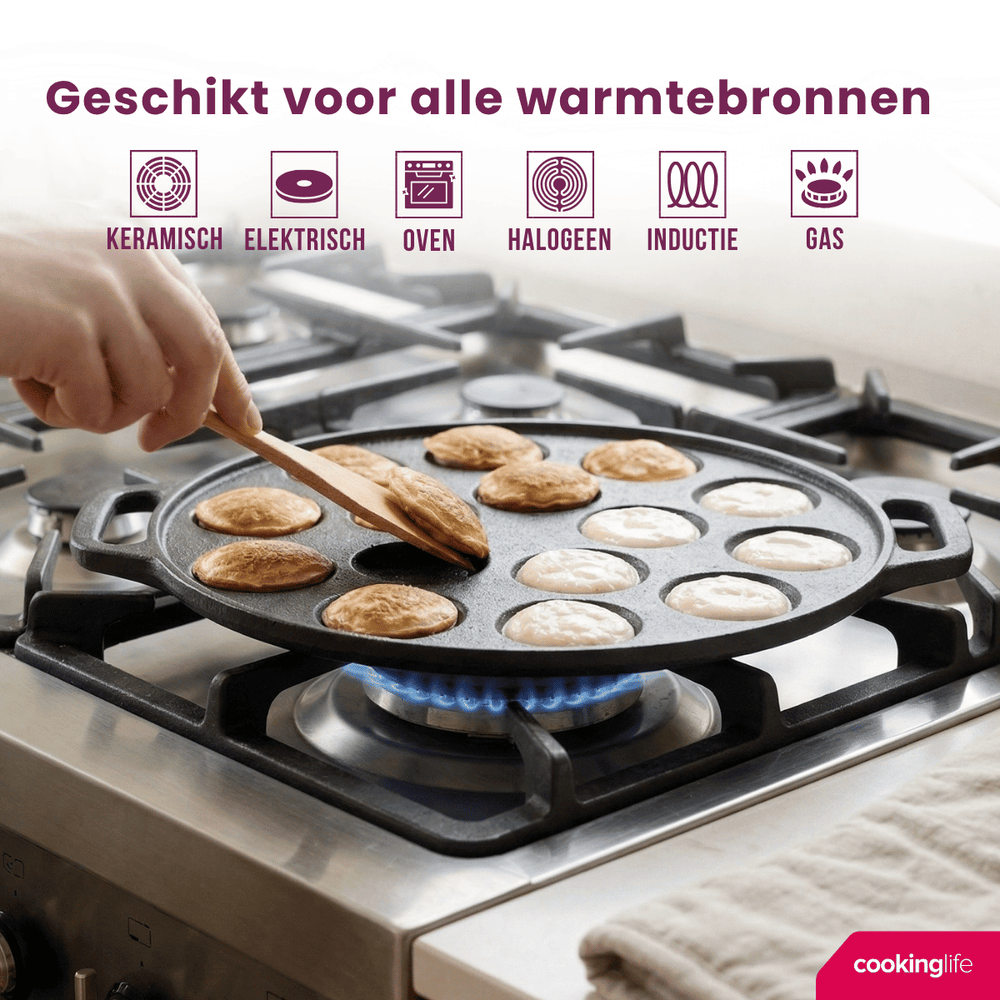 Cookinglife Poffertjespfanne Gusseisen Ø 24 cm – 15 Poffertjes – ohne Antihaftbeschichtung – geeignet für alle Wärmequellen