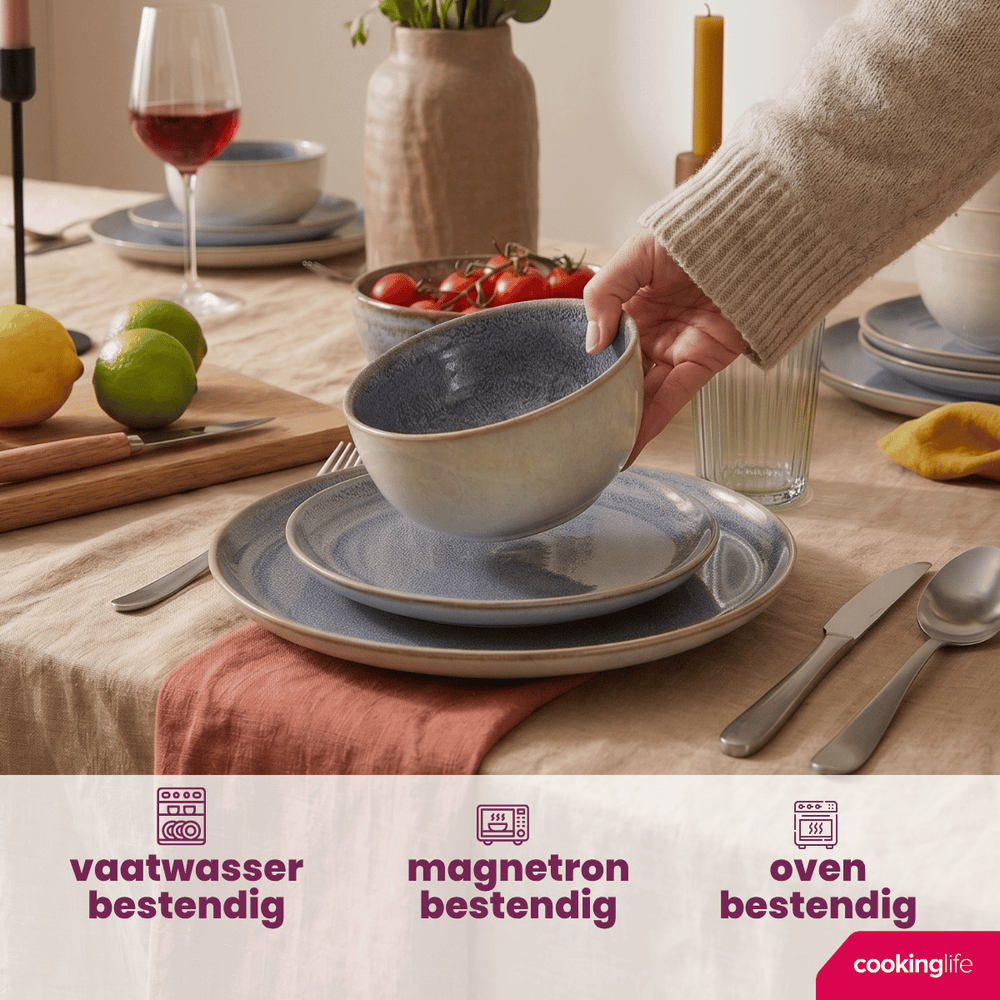 Cookinglife Serene Blue 12-teiliges Geschirrset / 4 Personen - 4 Speiseteller, 4 Frühstücksteller und 4 Schüsseln