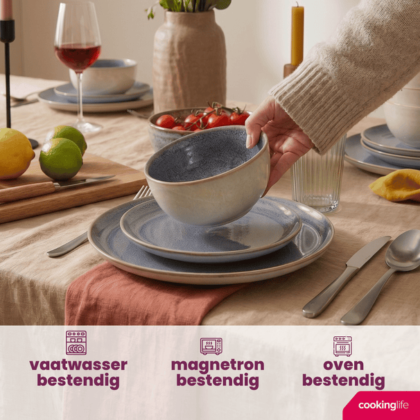 Cookinglife Serene Blue 12-teiliges Geschirrset / 4 Personen - 4 Speiseteller, 4 Frühstücksteller und 4 Schüsseln
