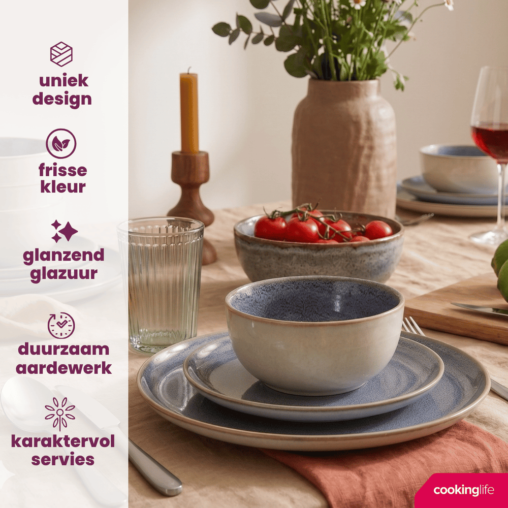 Cookinglife Serene Blue 12-teiliges Geschirrset / 4 Personen - 4 Speiseteller, 4 Frühstücksteller und 4 Schüsseln