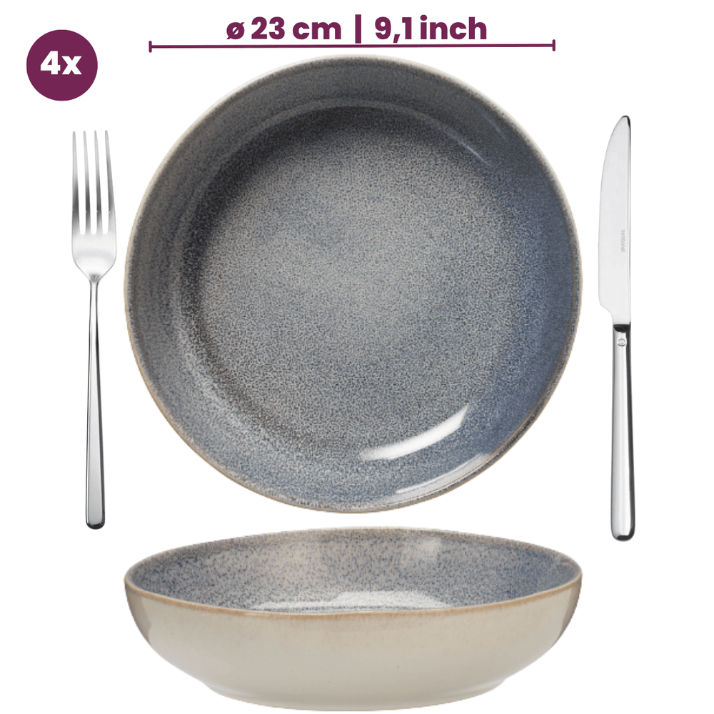 Cookinglife Tiefe Teller / Pastateller Serene Blue Ø 23 cm – Steingut – 4 Stück