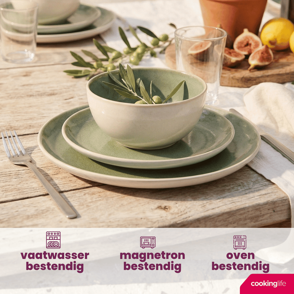 Cookinglife Serene Green 12-teiliges Geschirrset / 4 Personen - 4 Speiseteller, 4 Frühstücksteller und 4 Schüsseln