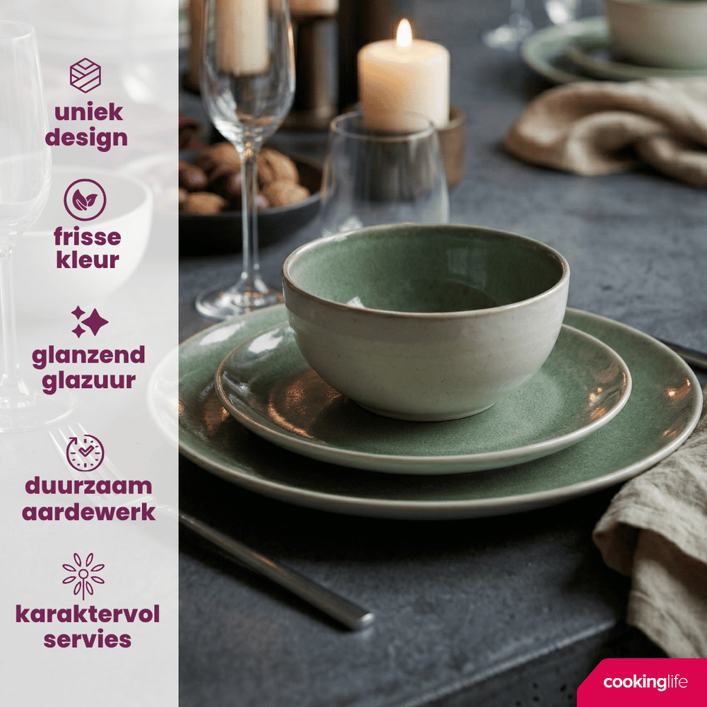 Cookinglife Serene Green 12-teiliges Geschirrset / 4 Personen - 4 Speiseteller, 4 Frühstücksteller und 4 Schüsseln