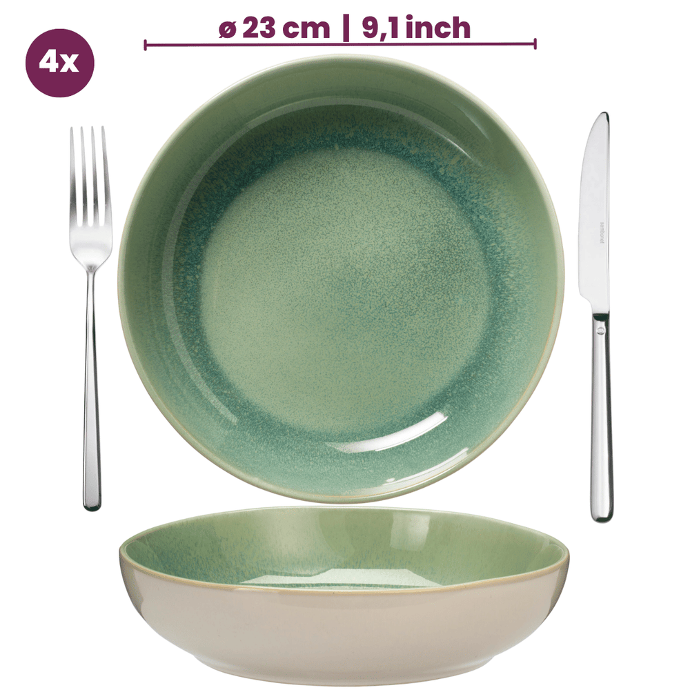 Cookinglife Serene Green 12-teiliges Geschirrset / 4 Personen - 4 Speiseteller, 4 Frühstücksteller und 4 Schüsseln
