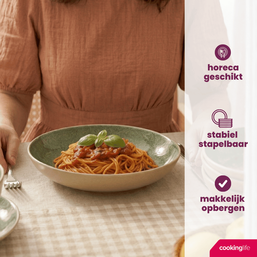 Cookinglife Tiefe Teller / Pastateller, Serene Green, Ø 23 cm – Steingut – 4 Stück