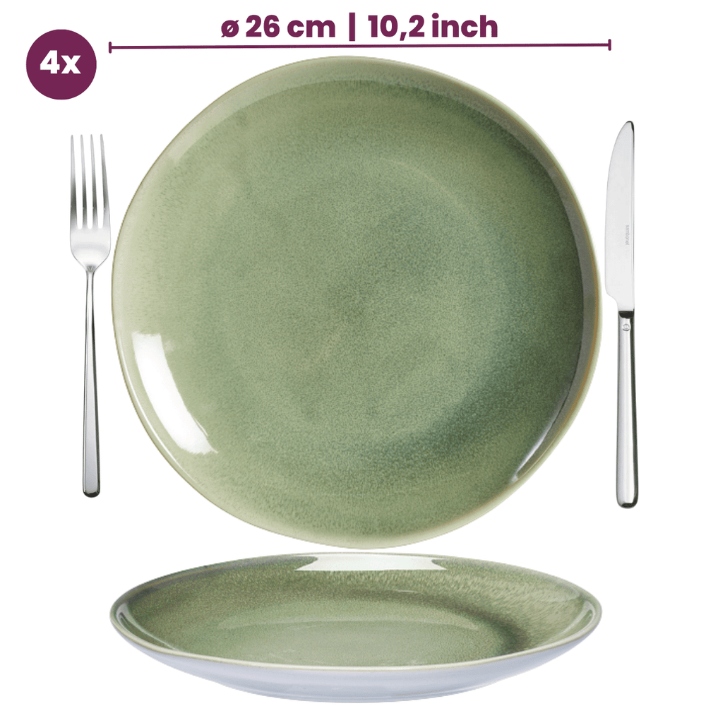 Cookinglife Serene Green 12-teiliges Geschirrset / 4 Personen - 4 Speiseteller, 4 Frühstücksteller und 4 Schüsseln
