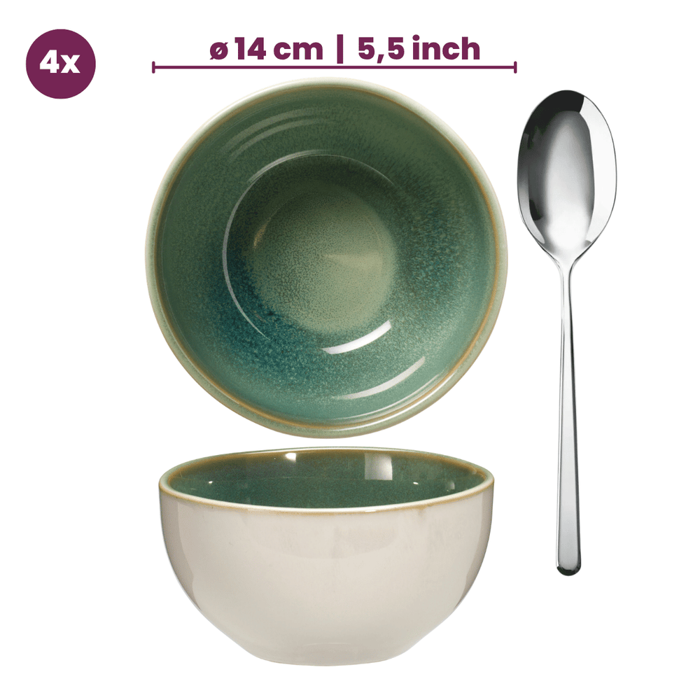 Cookinglife Serene Green 12-teiliges Geschirrset / 4 Personen - 4 Speiseteller, 4 Frühstücksteller und 4 Schüsseln