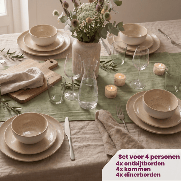 Cookinglife Serene Sand 12-teiliges Geschirrset / 4 Personen - 4 Speiseteller, 4 Frühstücksteller und 4 Schüsseln