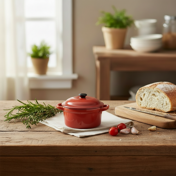 Cookinglife Servierpfanne mit Deckel Rot - Porzellan - ø 10 cm / 300 ml