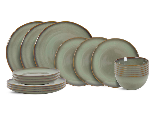 Cookinglife Geschirrset Sabi Grün 18-teilig / 6 Personen - 6 Speiseteller, 6 Frühstücksteller und 6 Schalen