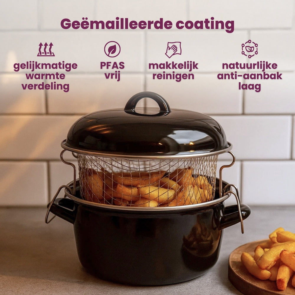 Cookinglife Emaille Oliebollenpfanne / Fritteuse - Bräter - mit Mand - Kochen - ø 24 cm