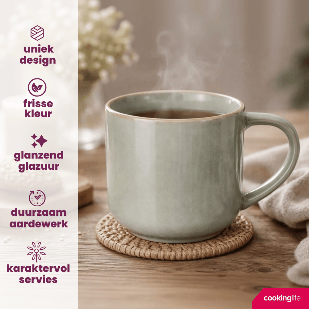 Cookinglife Kaffeetassen Serene Green 330 ml – Steingut – 4er-Set