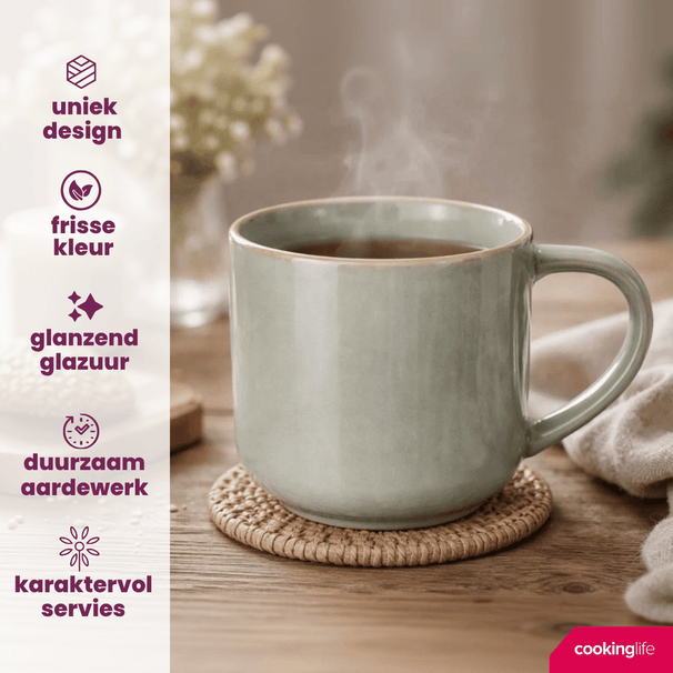 Cookinglife Kaffeetassen Serene Green 330 ml – Steingut – 4er-Set