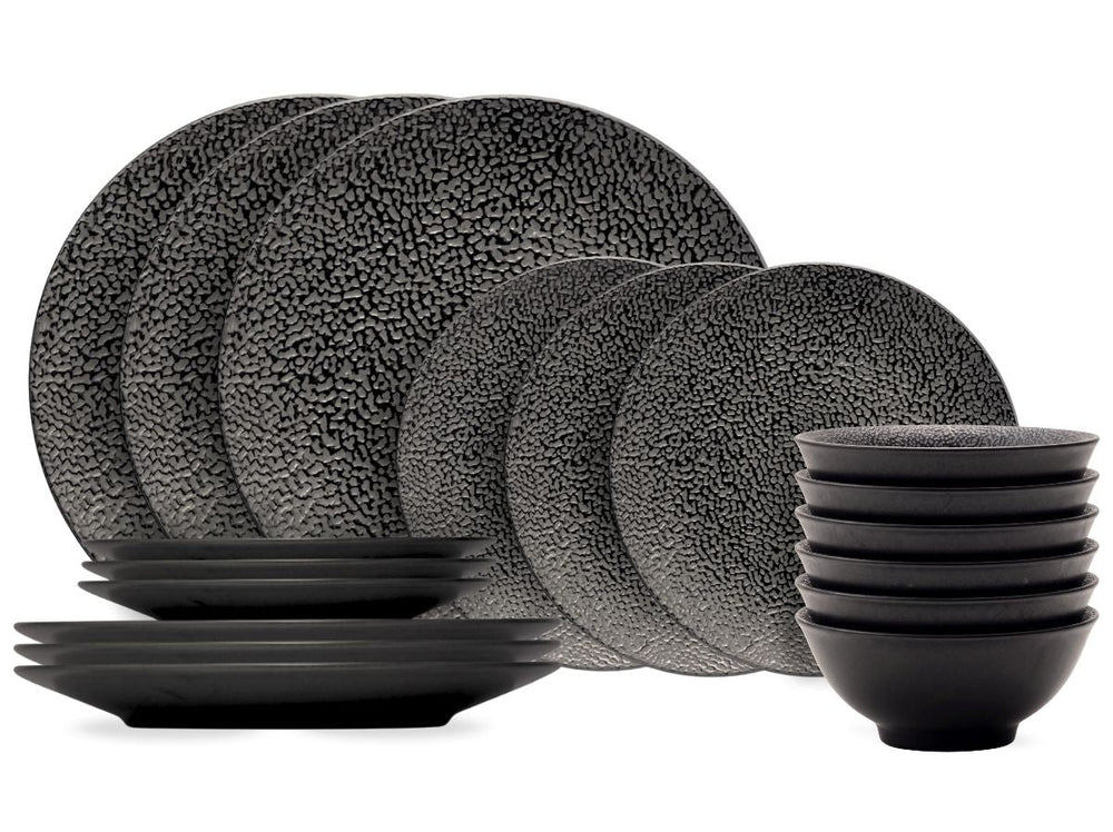 Cosy & Trendy Geschirrset Candy Schwarz - 18-teilig / 6 Personen - 6 Speiseteller, 6 Frühstücksteller und 6 Schalen