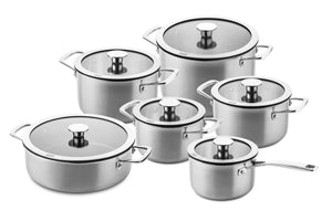 DUCQ Topfset - Stieltopf ø 16, 18, 20, 24 cm & Stieltopf ø 16 cm & Bratpfanne ø 26 cm + Deckel - Induktion - Downdraft - Edelstahl - 6-teilig