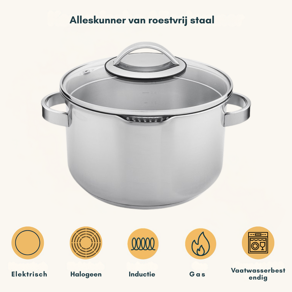 Sola Topfset Diamond 5-teilig – Edelstahl – downdraft-geeignet – Kochtöpfe Ø 16, 18, 20, 24 cm & Stieltopf Ø 16 cm – geeignet für alle Herdarten
