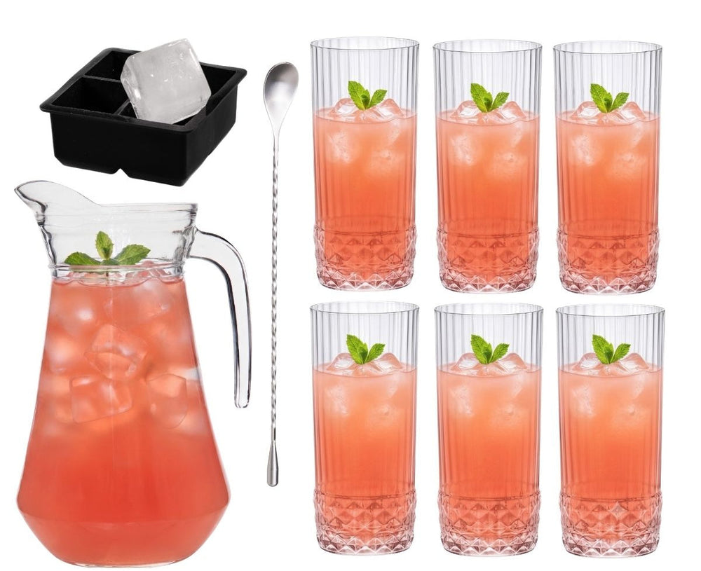 Cocktail-Set Dolle Mina - Karaffe 1,6 L mit 6 Longdrinkgläsern 490 ml, Barlöffel & Eiswürfelform