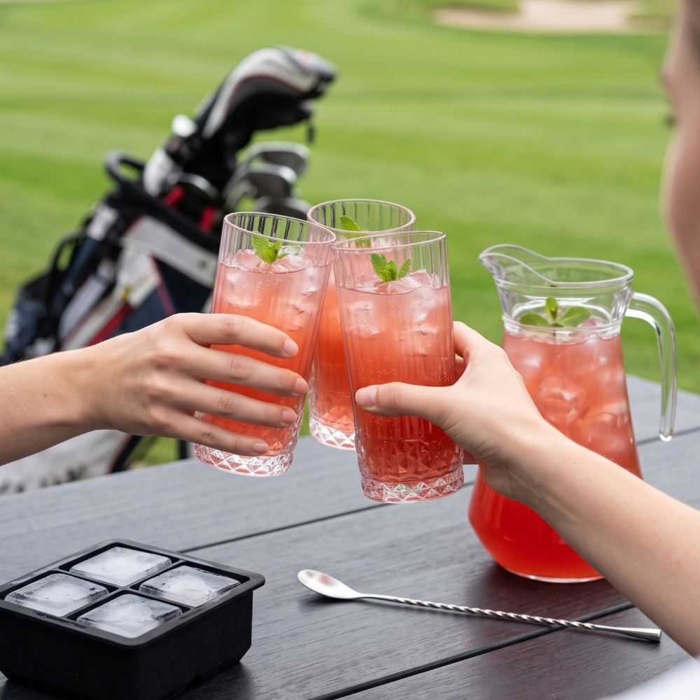 Cocktail-Set Dolle Mina - Karaffe 1,6 L mit 6 Longdrinkgläsern 490 ml, Barlöffel & Eiswürfelform
