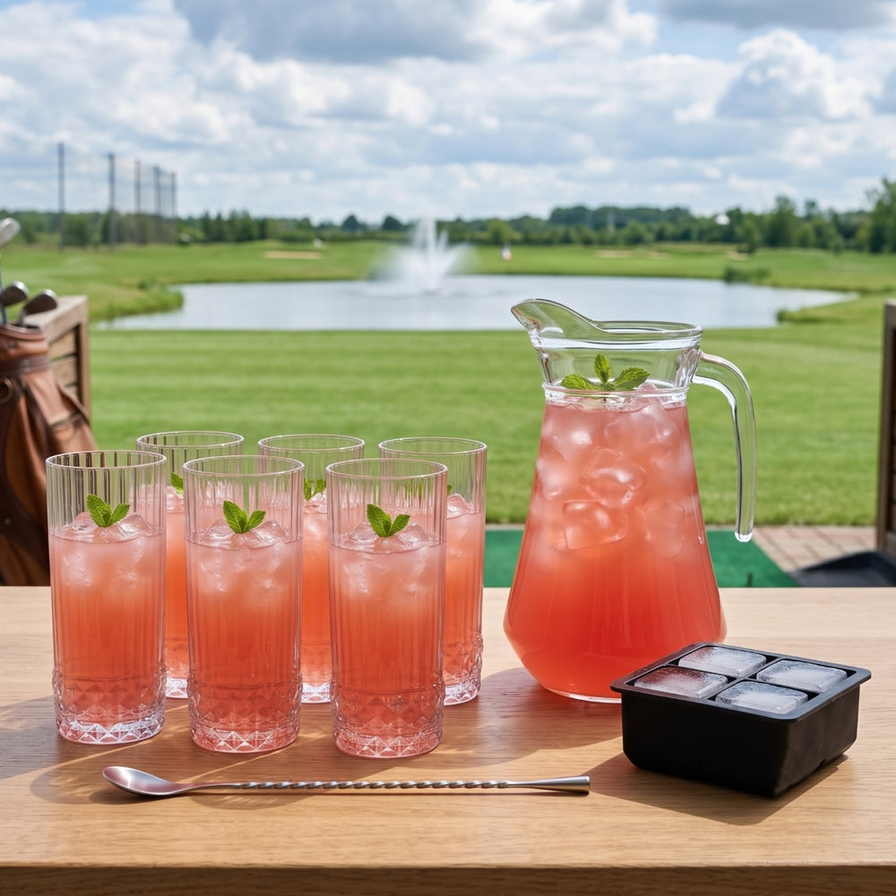 Cocktail-Set Dolle Mina - Karaffe 1,6 L mit 6 Longdrinkgläsern 490 ml, Barlöffel & Eiswürfelform