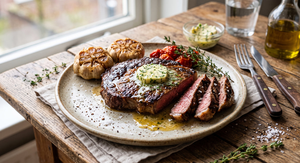 Saftiges Fleisch mit einer goldbraunen Kruste, direkt aus der Pfanne.