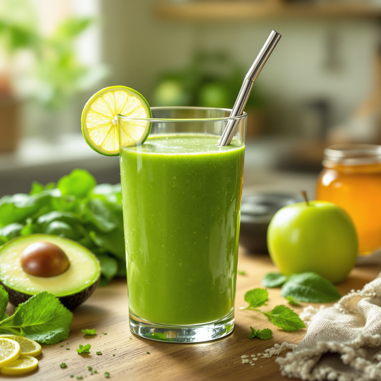 Frischer und nahrhafter grüner Smoothie mit Birne, Banane und Minze