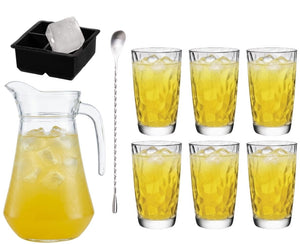 Cocktail-Set Gelbe Peter - Karaffe 1,6 L mit 6 Longdrinkgläser 470 ml, Barlöffel & Eiswürfelform