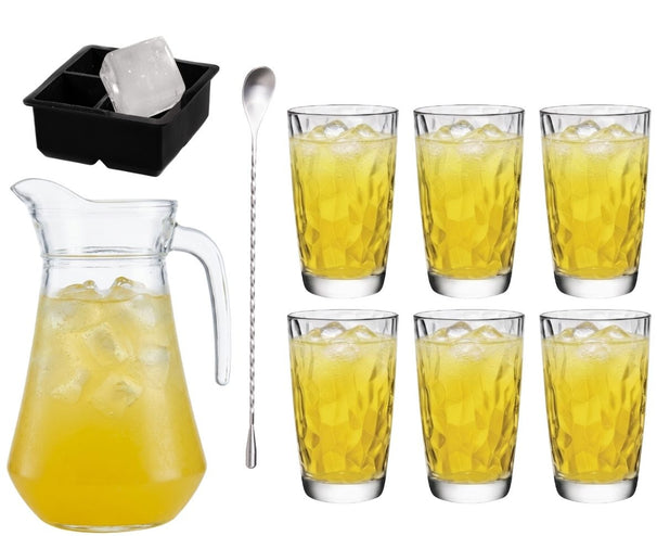 Cocktail-Set Gelbe Peter - Karaffe 1,6 L mit 6 Longdrinkgläser 470 ml, Barlöffel & Eiswürfelform