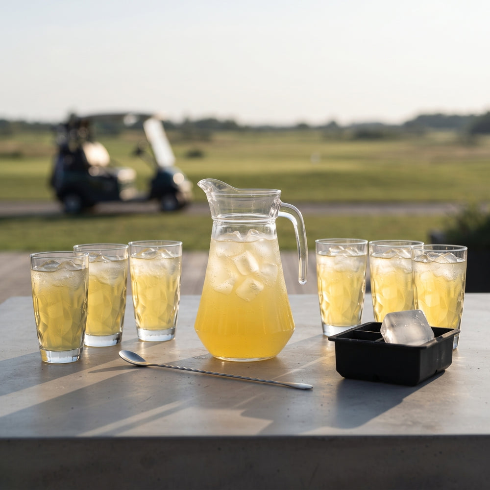 Cocktail-Set Gelbe Peter - Karaffe 1,6 L mit 6 Longdrinkgläser 470 ml, Barlöffel & Eiswürfelform