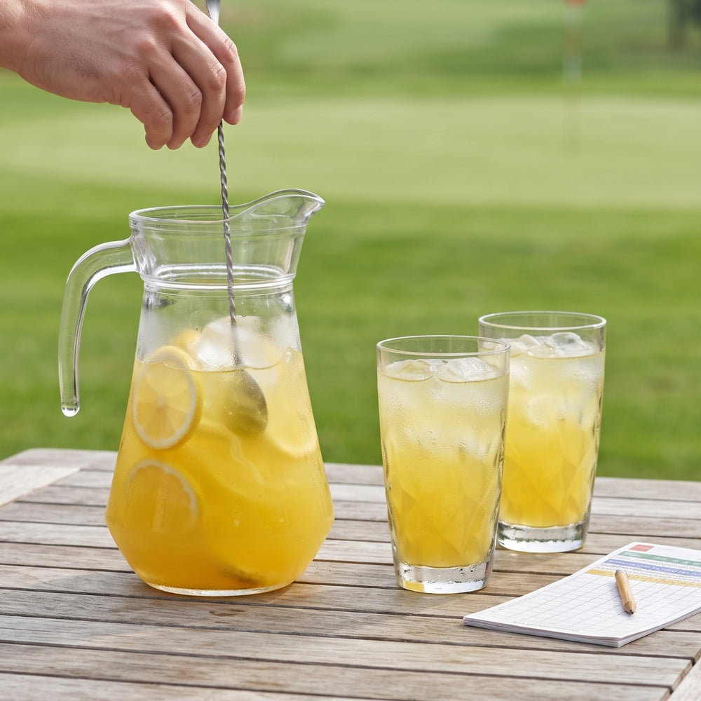 Cocktail-Set Gelbe Peter - Karaffe 1,6 L mit 6 Longdrinkgläser 470 ml, Barlöffel & Eiswürfelform