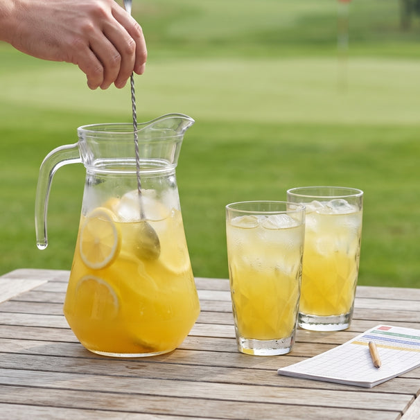 Cocktail-Set Gelbe Peter - Karaffe 1,6 L mit 6 Longdrinkgläser 470 ml, Barlöffel & Eiswürfelform