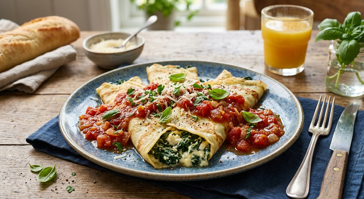 Herrliche spinat- und käsegefüllte Crêpes mit Tomatensauce
