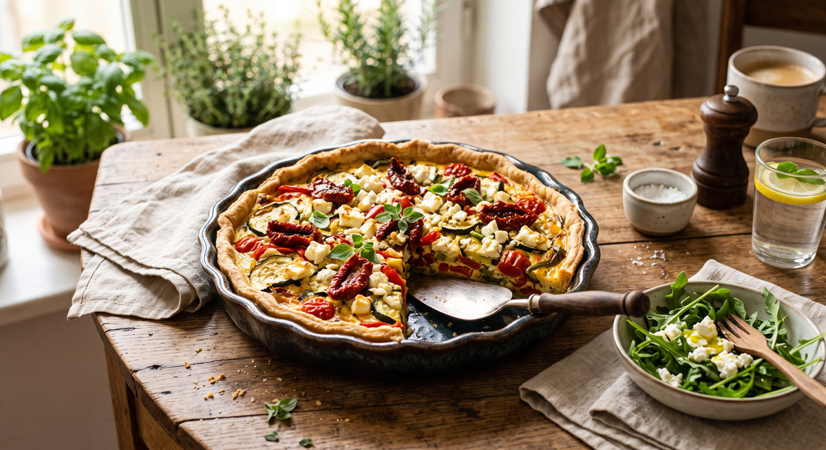 Eine geschmackvolle Quiche voller Farbe, Aroma und weichem Käse.
