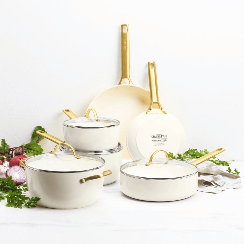 GreenPan Topfset Padova Reserve Cremeweiß 6-teiliges – Keramik-Antihaftbeschichtung – Kochtopf ø 24 cm, Stielkasserolle ø 18, 20 cm, Bratpfanne ø 20, 28 cm und Sauteuse ø 24 cm
