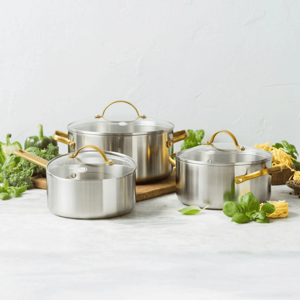 GreenPan Topfset Padova Reserve 3-teilig - Triply Edelstahl - Kochtöpfe ø 20, 24 cm, Stieltopf ø 18 cm