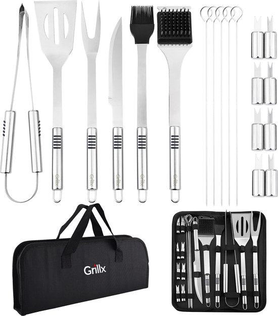 GrillX BBQ Zubehör Werkzeugset - BBQ Zange, Spatel, Gabel, Bürste - Komplettes Grillwerkzeug Set